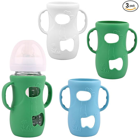3 Pack Silicone Sleeves for Avent Natural Glass Baby Bottles, Anti Breakage Baby Bottle Sleeves with Handles, Compatible Philips Avent Glass Natural Baby Bottle 8 oz(White+Green+Blue)