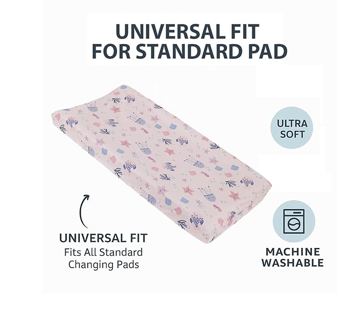 NoJo Mermaid Lagoon Pink, and Blue Sea Friends Super Soft Contoured Changing Pad Cover