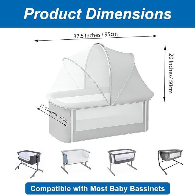 Portable Bassinet Cover for Cats & 2-Way Zipper, Half-Blackout Mosquito Net with Sunshade, Breathable Bassinet Net Cover, Mosquito Net for Baby Crib to Keep Cats Out （Grey）