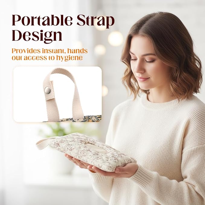 2 PCS Floral Quilted Baby Wipe Holder Pouch with Strap, Reusable Portable Wipes Case for Stroller & Diaper Bag, Leak-Proof Travel Wipes Dispenser with Floral Pattern (Beige)
