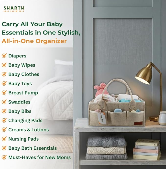 Sharth Baby Diaper Caddy Organizer with Handle, Baby Shower Gifts Basket Bag, Registry Search Must Haves Items, Nursery Storage Organizer for Newborn Girl Boy, Car Diaper Caddy (Beige)