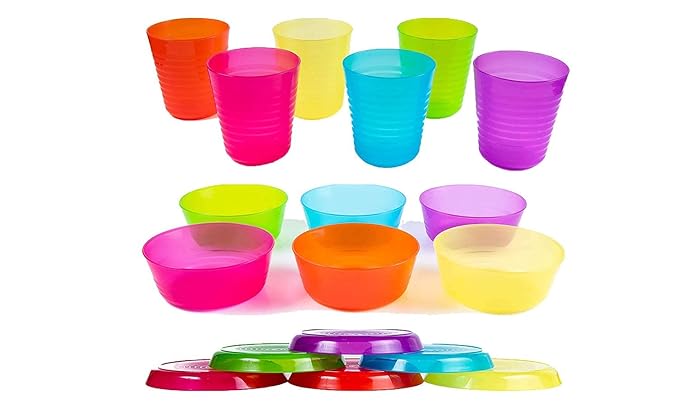 Kids Plastic Dinnerware Set of 18 Multi Color Pieces (Plates, Bowls, and Cups) - Reusable, BPA-Free, Dishwasher Safe and Microwaveable
