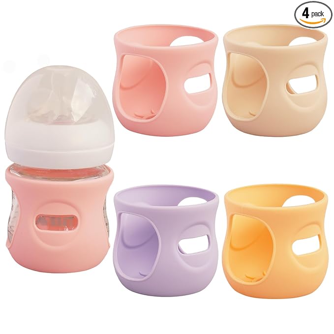 4 Pack Silicone Sleeves for Avent Natural Glass Baby Bottles, Anti Breakage Bottle Holder, Compatible with Philips Avent Glass Natural Baby Bottles (Apricot+Pink+Purple+Orange, 4 OZ)