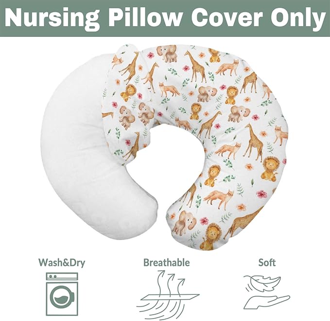 Watercolor Safari Animals Baby Nursing Pillow Covers for Boy Girl Lion Giraffe Elephant Floral Leaves Nursery Pillowcase for Breastfeeding Pillows African Jungle Soft Stretchy Slipcover for Infant