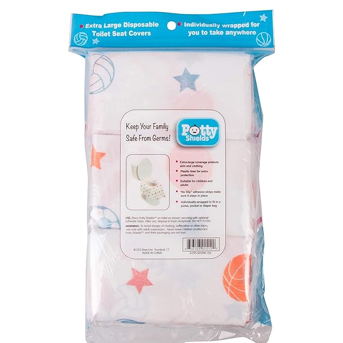 Potty Shields Toilet Seat Covers Disposable (12 Pack, Sports) - XL Waterproof Toilet Cover for Toddlers, Kids & Adults - Portable & Individually Wrapped for Travel, Potty Training & Public Restrooms
