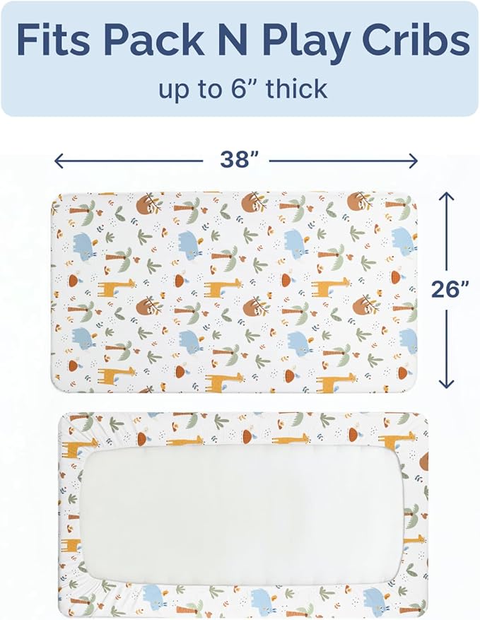 Pack and Play Sheets Fitted - 2 Pack Mini Crib Sheets for Pack N Play Mattress - Unisex Playard Microfiber Bedding for Boys & Girls - Soft, Breathable and Wrinkle Free - Oeko-Tex, 38 x 26in - Safari