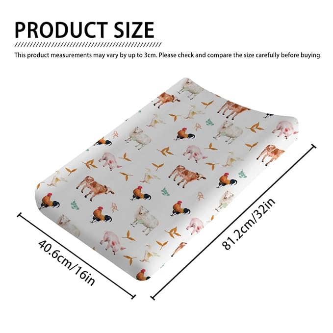 Watercolor Farm Animals Changing Pad Cover Farm Cow Lamb Pig Hen Duck Sunflowers Leaves Baby Diaper Changing Table Sheets for Boys Girls Soft Stretch Fitted Baby Changing Table Mats Covers 32''x16''