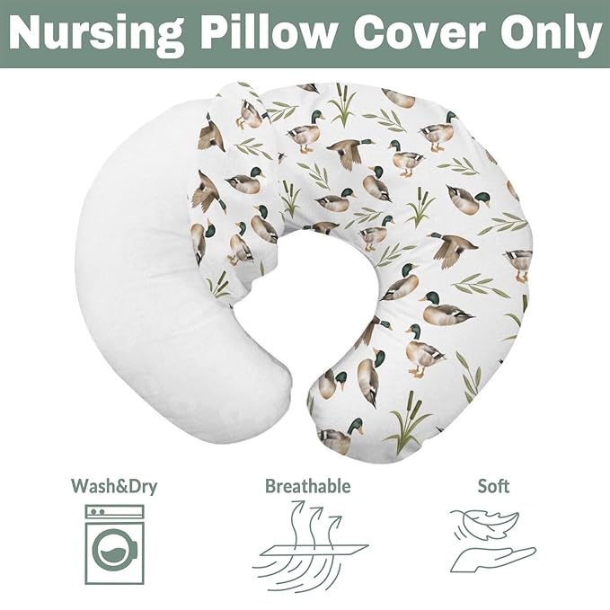Mallard Duck Hunting Baby Nursing Pillow Covers for Boy Girl Wild Ducks Leaves Nursing Pillowcase for Breastfeeding Pillows Retro Hunting Animals Soft Stretchy Slipcovers for Newborn Infant