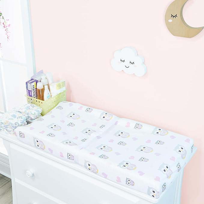 EVERYDAY KIDS 2 Pack Baby Changing Pad Covers for Girls in Solid Pink and Nature Owl Print – Fits Most Changing Table Pads; 100% Cotton Percale Weave, Breathable, Ultra Soft Changing Table Topper