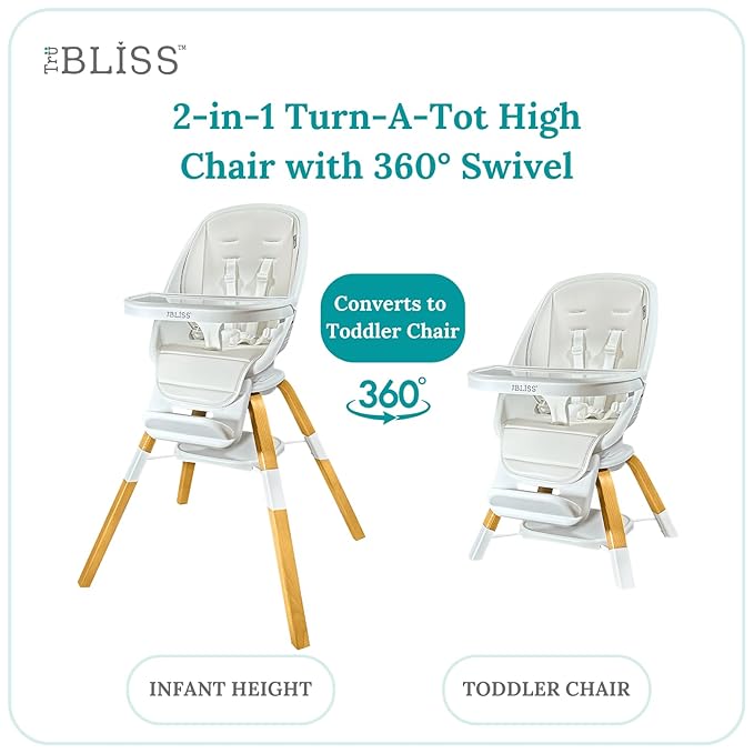 TruBliss Turn-A-Tot High Chair for Babies and Toddlers, 2 in 1 Wooden Portable Baby Feeder or Adjustable Child's Seat with 360 Degree Swivel, Removable Tray, and Pad (Cream)