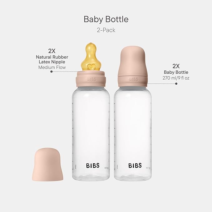 BIBS Baby Bottles 2-Pack, 9.1 Oz, Round Latex Nipple, Anti-Colic System for Gas Reduction, BPA-Free, Lightweight & Easy to Clean, Suitable for Newborns 0+ Years - 270 ml (Pack of 2) Blush