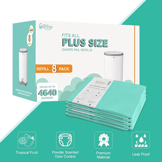 USBOO Refills Compatible with Dekor Plus Diaper Pail,8 Pack Disposable Diaper Pail Refills, Reinforced Thickness Diaper Trash Bags, Holds up to 4640 Diapers,Tropical Fruit