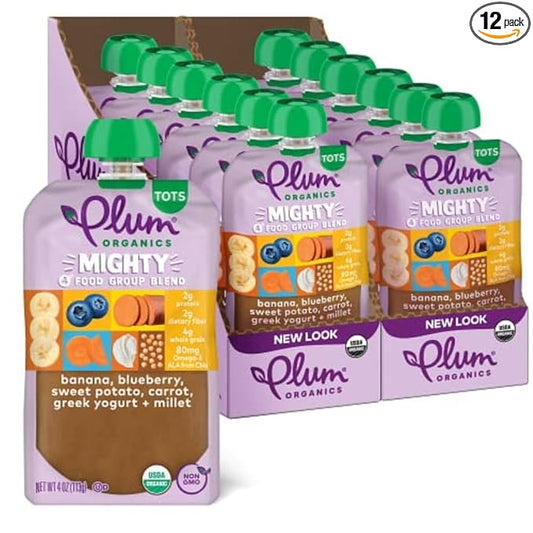 Plum Organics +12 Months Organic Baby Food - Banana, Blueberry, Sweet Potato, Carrot, Yogurt & Millet - Non-GMO - On-The-Go Pouches for Baby & Toddler - Quality Tested Ingredients - 4 oz (Pack Of 12)