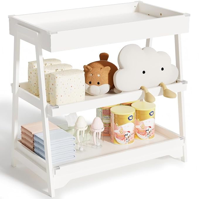 KORIMEFA Baby Changing Table with Two Open Shelves for Infant Daycare Essentials Storage - White with White Legs