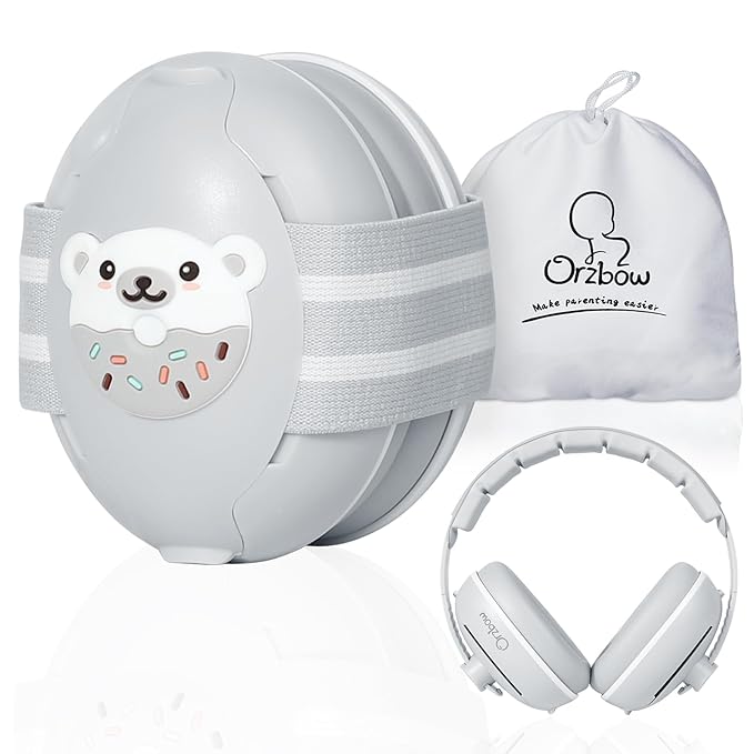 2-in-1 Baby Ear Protection for Babies Infant up to 48 Months, Baby Noise Cancelling Headphones with Cute Bear Design, Ear Muffs Noise Protection with Non-Slip Band for Airplane Travel Sleep, Gray