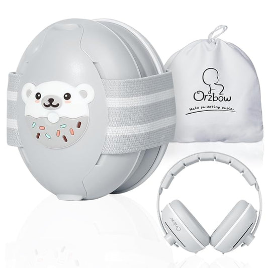 2-in-1 Baby Ear Protection for Babies Infant up to 48 Months, Baby Noise Cancelling Headphones with Cute Bear Design, Ear Muffs Noise Protection with Non-Slip Band for Airplane Travel Sleep, Gray