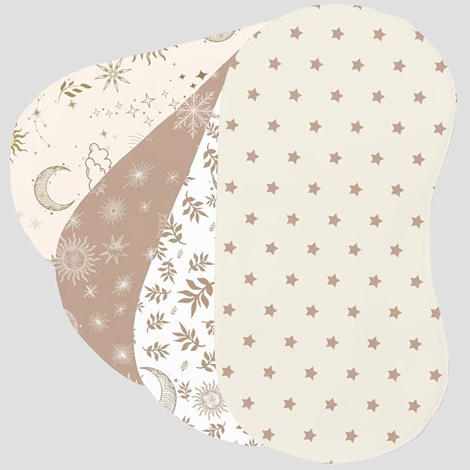 4 Pack Baby Burp Cloths, Soft Muslin Cotton Boho Star Moon Print Burp Cloths, Super Absorbent Washcloths Infants Burping Cloth Set for Newborns Baby Boy Girl Essentials