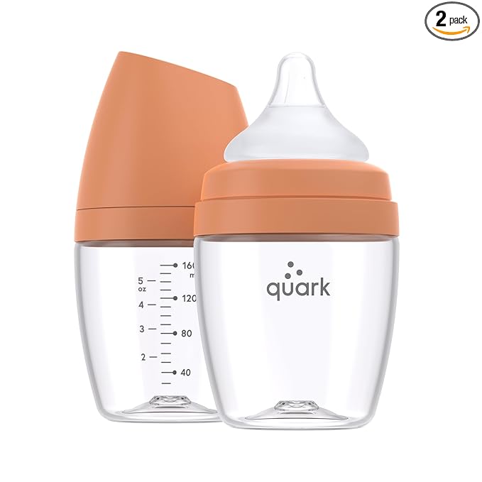 BuubiBottle Mini Slow Flow Bottle for Newborn Babies by Quark - with Anti-Colic RealFeel Nipple to Simulate Breastfeeding - BPA-Free, PVC-Free, Toxin-Free - 5 Oz Bottle with Lid, 2 Pack - Orange