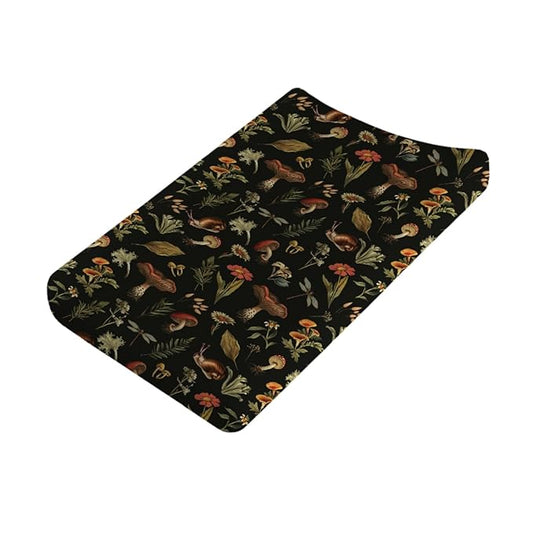 Vintage Mushroom Forest Baby Changing Pad Cover, Soft Breathable Polyester, Black, Newborn to Baby, Changing Pad Cover
