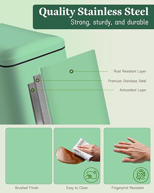 8 Gallon Stainless Steel Trash Can with Lid, Narrow Kitchen Trash Can with Removal Inner Bucket, Soft Close, Step Trash Bin, Metal Garbage Can for Bathroom, Kitchen, Office, 30L, Green