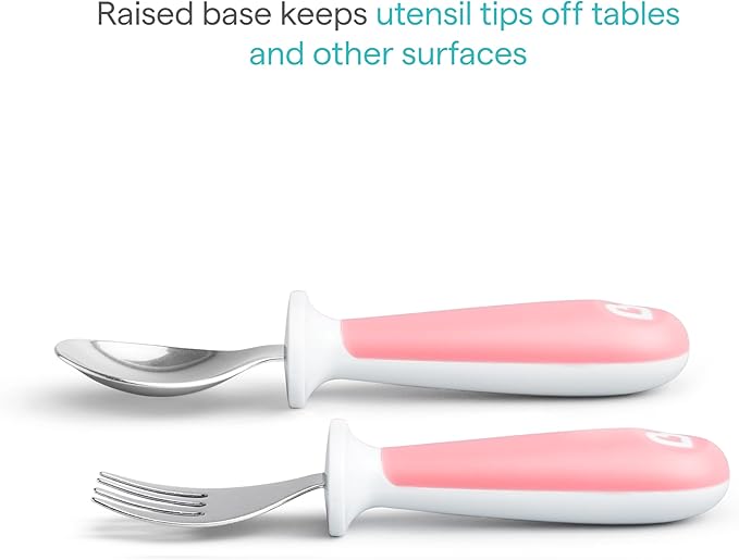 Munchkin® Raise™ Toddler Fork and Spoon Utensil Set, Rest Keeps Tip Off Table, BPA Free, 4 Pack, Pink/Purple