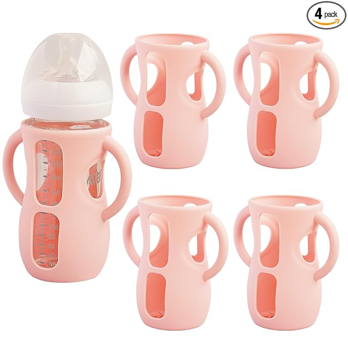 4 Pack Silicone Sleeves for Avent Natural Glass Baby Bottles, Anti Breakage Bottle Holder, Compatible with Philips Avent Glass Natural Baby Bottles (4 Pink, 8 OZ)