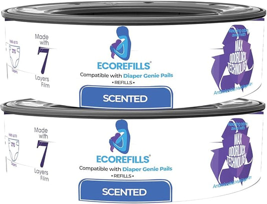 Diaper Pail Refills | Powder Scented Continuous Film with Max Odor Lock | Compatible with Diaper Genie Complete & Expressions (Universal, 2, Count)