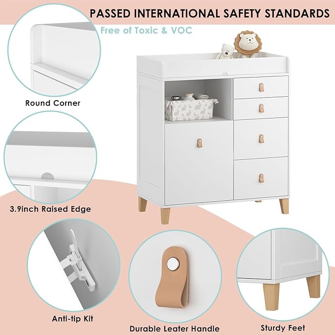 Timechee Baby Changing Table Dresser, 33.5" Baby Nursery Dresser with Drawers & Shelf, Wooden Storage Cabinet Chest w/Changing Station for Infant Kids Bedroom, White