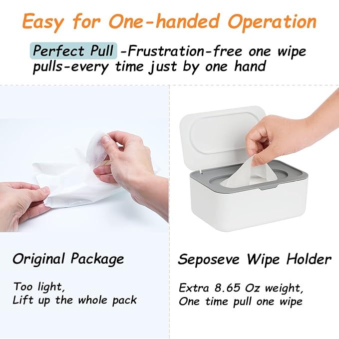 Wipes Dispenser with 4 Pack Portable Baby Wipe Case, Wipe Holder for Baby & Adult, Seposeve Refillable Wipe Container, Keeps Wipes Fresh, Easy Open/Close Wipes Pouch Case, Grey + 4 PureColor