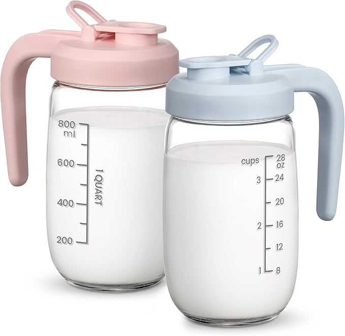 2 Pack Breast Milk Pitcher 32 OZ, Heat & Cold Resistant, Sudden Temperature Safe, Fast Baby Formula Maker with Wide Mouth, No Leak Glass Fridge Storage Container for Juice, Cold Brew-Blue, Pink