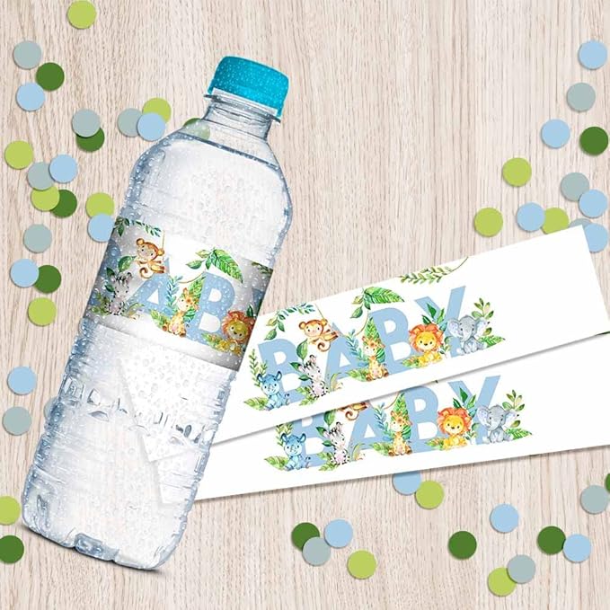 Watercolor Jungle Animals It's a Boy Baby Shower Waterproof Water Bottle Sticker Wrappers 20 Wrap Around Labels Sized 1.75" x 8.5" by AmandaCreation