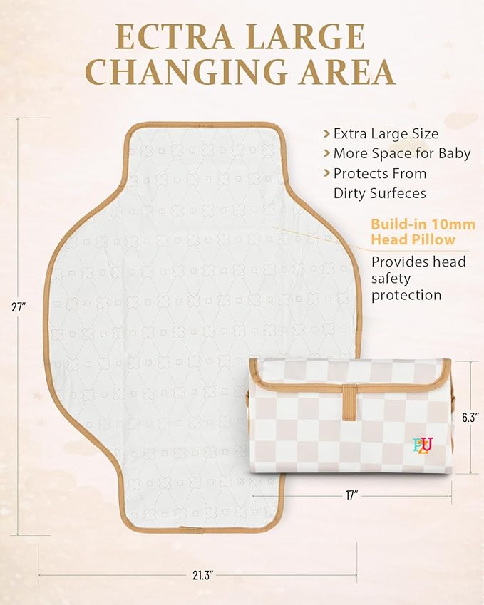 PZU Portable Diaper Changing Pad - Waterproof Travel Changing Mat with Built-in Pillow, Gifts for Baby Shower, Newborn Girls & Boys（Beige Checkers）