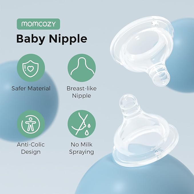 Momcozy Soft Baby Nipple Premium Natural Flow Silicone for Wide-Neck Bottles, BPA-Free, Perfectly Compatible with Momcozy Breast Milk Cooler, Medium (Pack of 2)