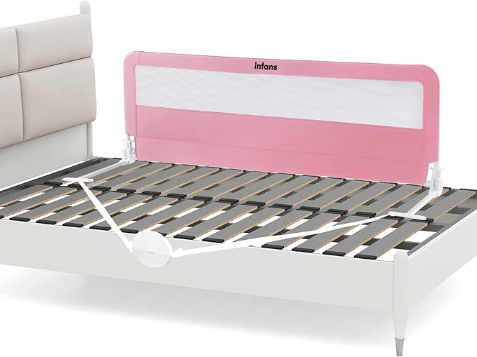 INFANS Bed Rail for Toddlers, 59" Foldable Safety Baby Crib Rail Fit for Kids Twin, Extra Long Swing Down Bed Guardrail for Convertible Crib, Queen, Full, King Mattress Side Guard (Pink)