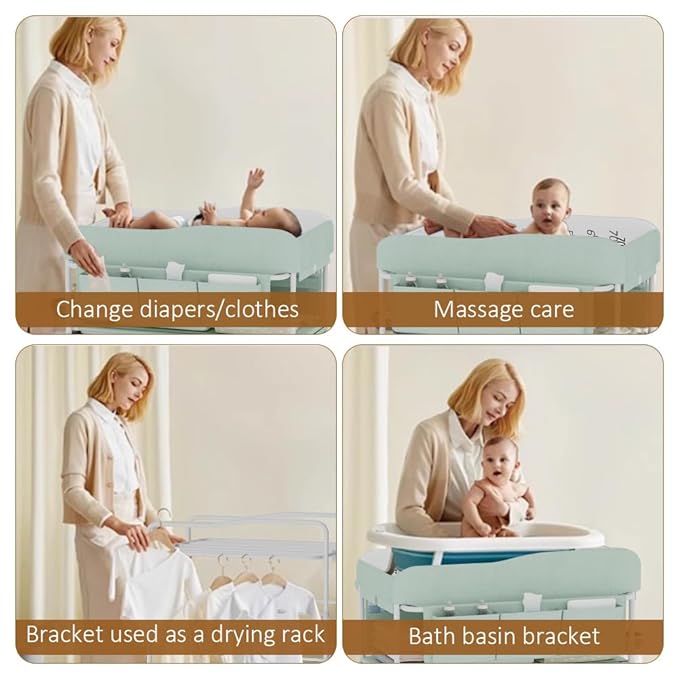 Diaper Changing Station, Portable Changing Table for Baby, Diaper Changing Table with Storage Drawers, Waterproof Baby Changing Station with Wheels and Adjustable Height for Newborn Infant (Green)