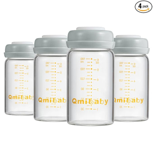 Glass Breastmilk Storage Bottles 180ml 6oz BPA-Free Leak-Proof Natural Baby Bottle Wide Neck with Screw Ring Sealing Disk for Breastfeeding Grey 4 Packs