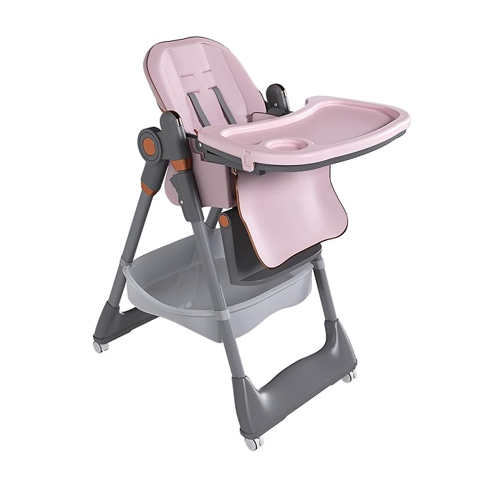 3-in-1 Foldable High Chair for Babies & Toddlers, Adjustable Height, Reclining Seat, Wheels with Safety Locks, Removable Tray, Space-Saving Multifunctional Baby Dining Chair (Pink)