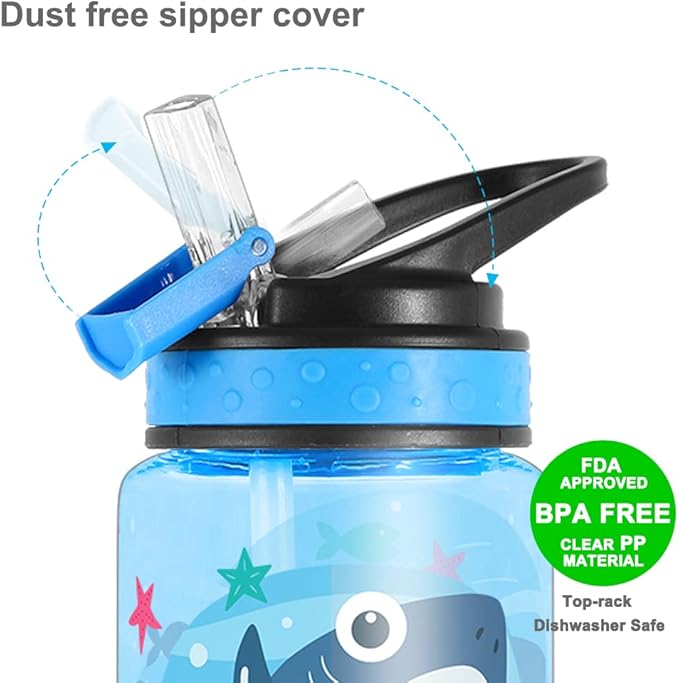 15oz Water Bottle for Kids Girls Boys School, BPA Free, Leak Proof Flip Straw, Carry Loop, Easy Clean - Shark