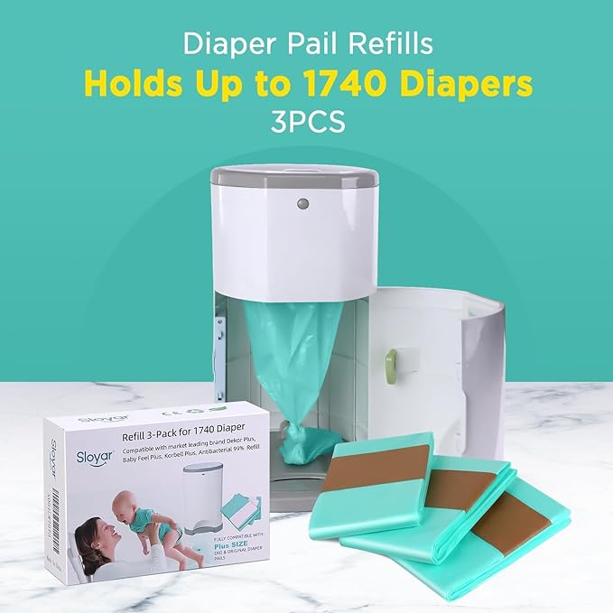 Sloyar Refills Compatible with DEKOR Plus Diaper Pails/3 Pack/30% Thicker Design/Suitable for Seniors and Infants/Baby Powder Fragrance/Holds up to 1740 Diapers