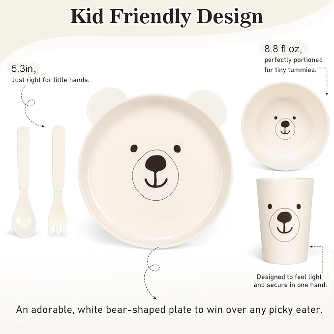 Dinnerware Set for Kids - 5-Piece Polar Bear-Themed Includes Plate, Bowl, Cup & Utensils | BPA-Free, Microwave & Dishwasher Safe | Ideal Gift for Boys (White - Polar Bear)