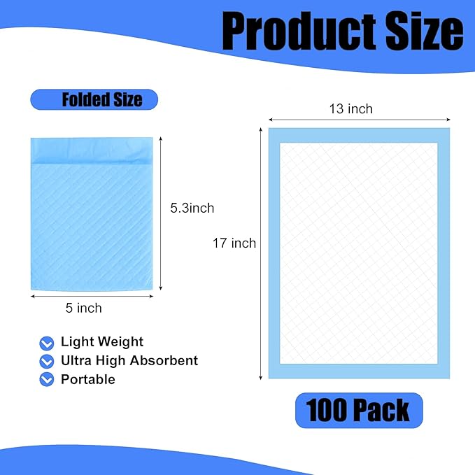 100 Pack Disposable Changing Pads,17 X 13 in Baby Disposable Underpads,Ultra Absorbent Disposable ,Waterproof Diaper Changing Pad,Leakproof Breathable Underpads Bed Table Protector Mat