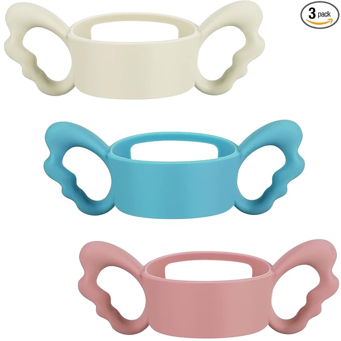 3 Pack Baby Bottle Handles Silicone Wide Neck Feeding Handle Easy Grip Lightweight Bottle Handle Small Hand Gripping for Self Feeding(Pink, Light Gray,Blue)