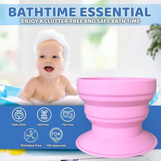 TubbyCup Toddler Bath Rinse Cup – Easy Hair Rinsing Without Tears, Suction Base Sticks to Tub, Soft Collapsible Silicone, BPA-Free (Pink)