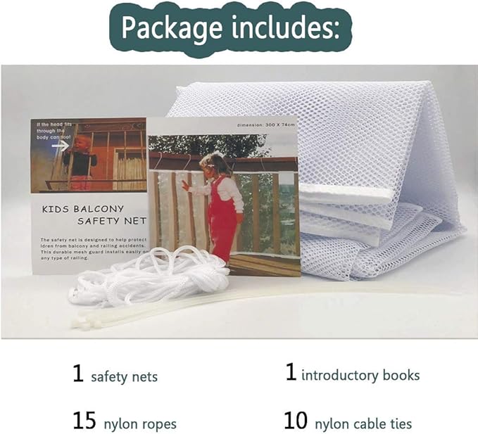 Child Safety Rail Net for Balcony, Patios, Railing and Stairs. Security Guards for Kids/Pet/Toy Both Indoors and Outdoors. 10ft x2.5ft, Sturdy Mesh Fabric Material. (White)