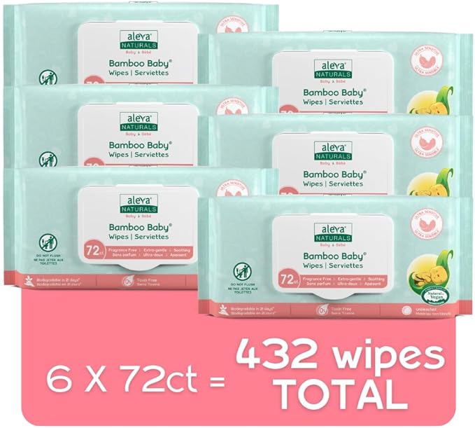 Aleva Naturals Bamboo Baby Sensitive Wipes | Unscented | Extra Strong and Ultra Soft | Natural and Organic Ingredients | Certified Vegan | 6 packs of 72ct - Total of 432ct