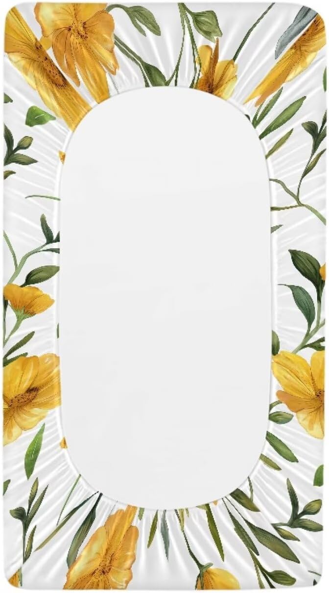 Yellow Flowers Changing Pad Cover Soft Waterproof Nursery Pad Change Cover Lightweight Cozy Stretchy Changing Table Cover for Boys Girls