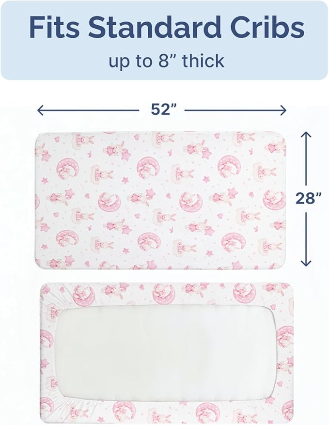 Baby Crib Sheets for Boys & Girls - Pack of 2 Fitted Microfiber Crib Sheets for Standard Crib & Toddler Mattress - Soft, Breathable & Wrinkle Free - Machine Washable, Oeko Tex, 52x28x8in - Bunny Dream