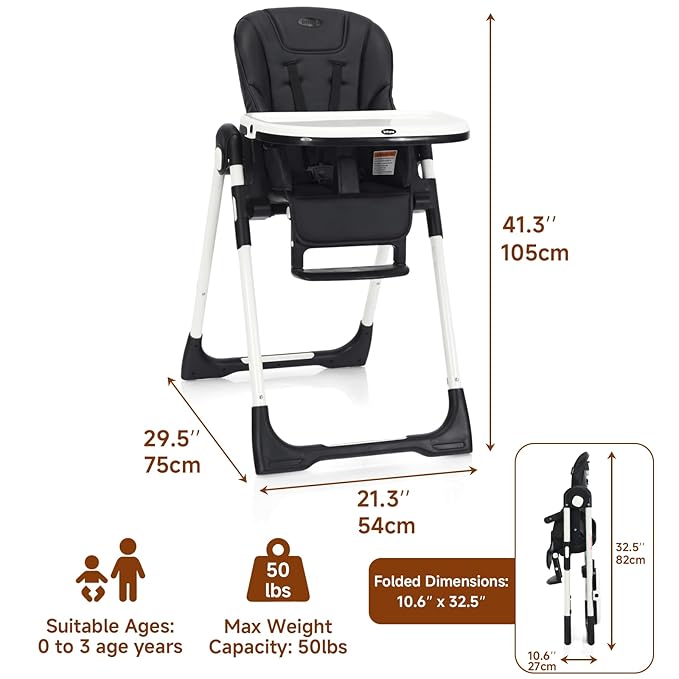 INFANS High Chair for Babies & Toddlers, Foldable Highchair with Multiple Adjustable Backrest, Footrest and Seat Height, Removable Tray, Detachable PU Leather Cushion, Built-in Rear Wheels (Black)