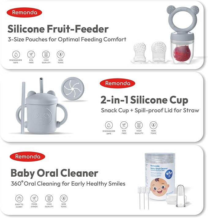 Remonda 23-Piece BPA-Free Silicone Baby Feeding Set | Extra Large Suction Plates, Toddler Bowls, Self Feeding Spoons, and More | Dishwasher Safe| Baby Led Weaning Supplies (Grey) AA