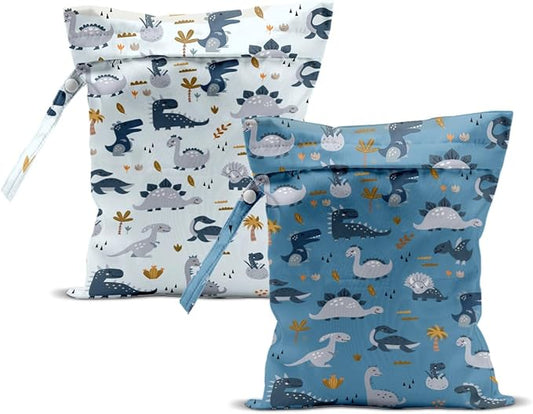 2Pcs Diaper Bag, Wet Dry Bag Reusable with Zipper, Travel, Beach, Pool, Diapers, Baby Clothes, Dirty Yoga Gym Clothes,Toiletry, Hook to Stroller, Waterproof Wetdry Packing, Dinosaur Decor (12x10 Inch)